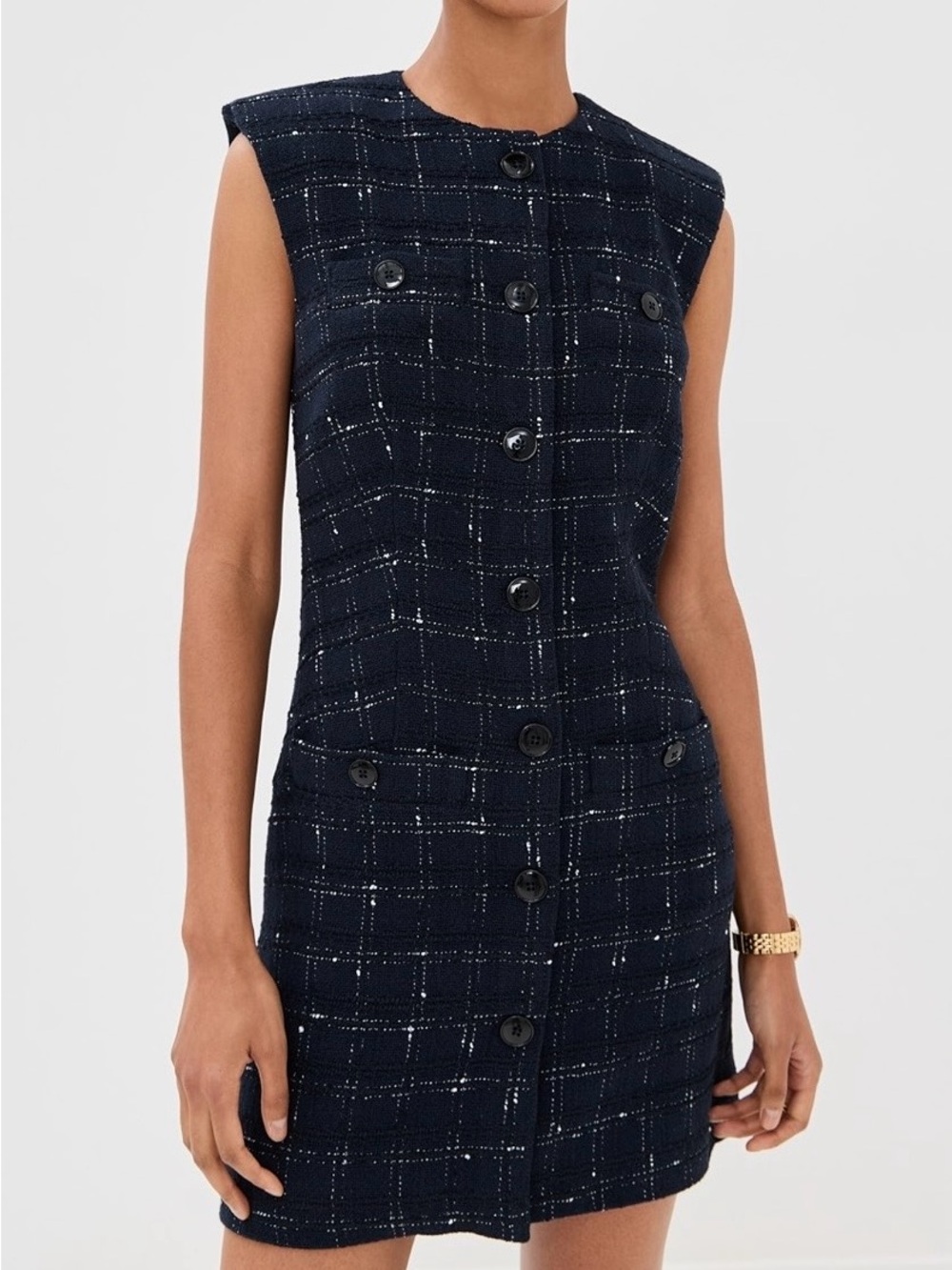 Veronica Beard Navy Tweed Mini Dress with Button Front